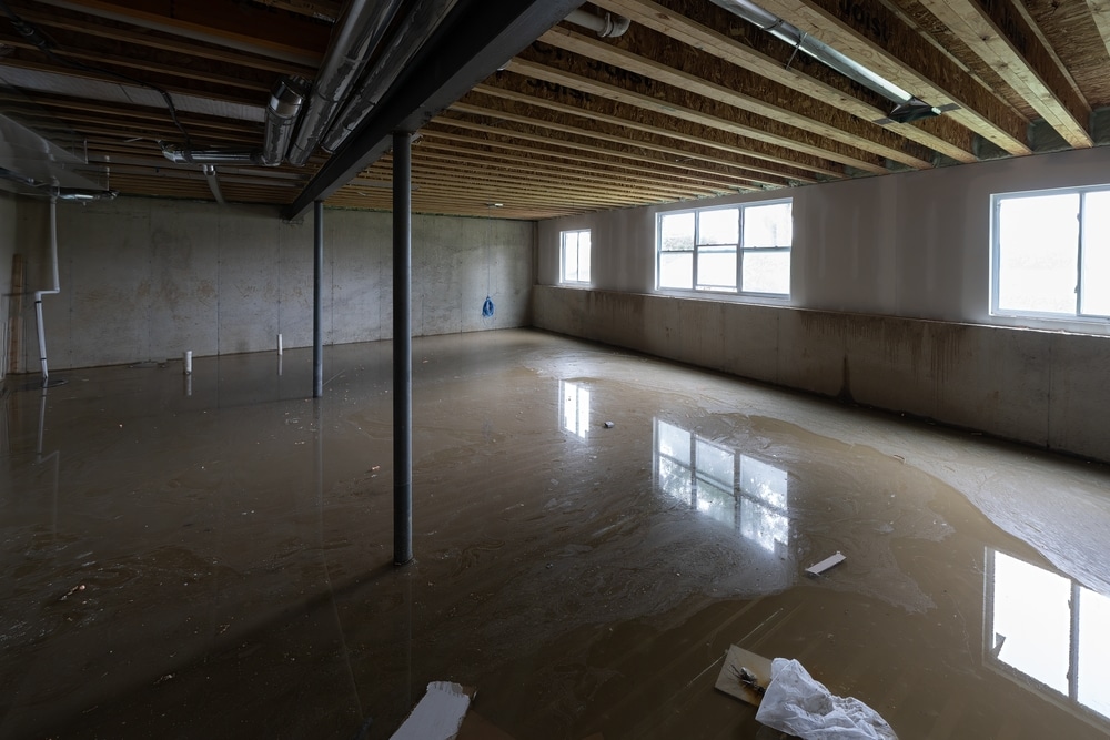 Flooded basement with standing water after water damage.
